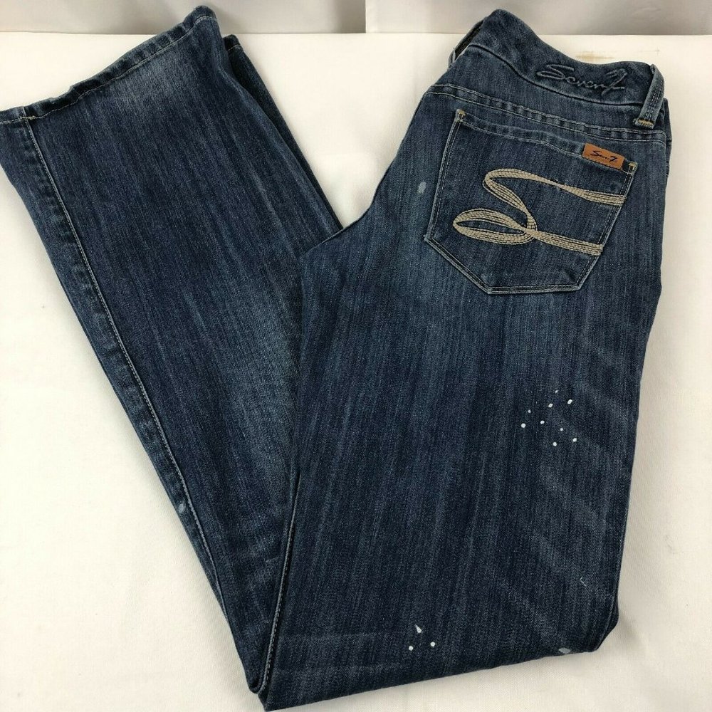 Seven 7 Women's Size 27 Bootcut Denim Blue Jeans Distressed Paint Splatter